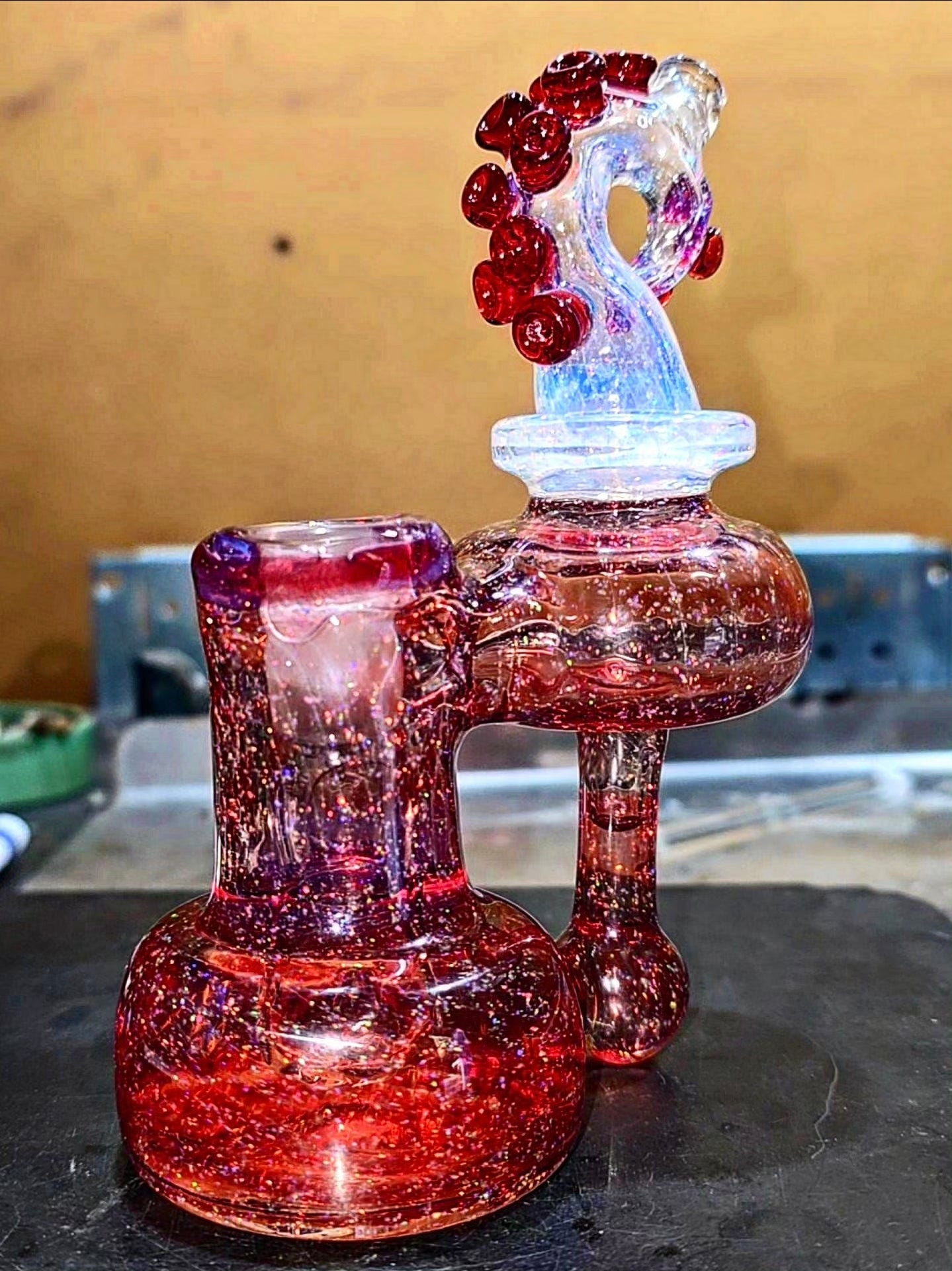14 mm RBR Recycler – Crushed Opal Phoenix & Secret White Tentacle Neck | Custom Colour Options