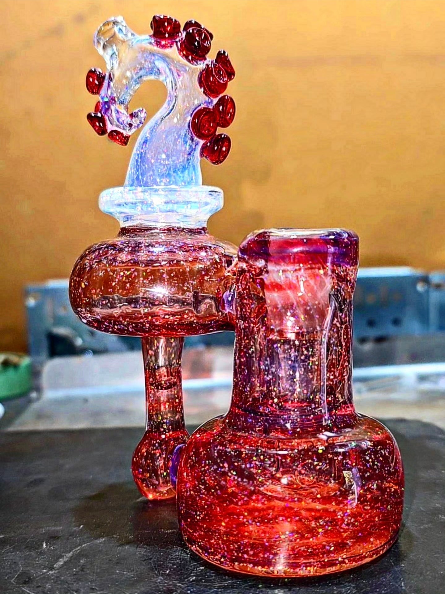 14 mm RBR Recycler – Crushed Opal Phoenix & Secret White Tentacle Neck | Custom Colour Options